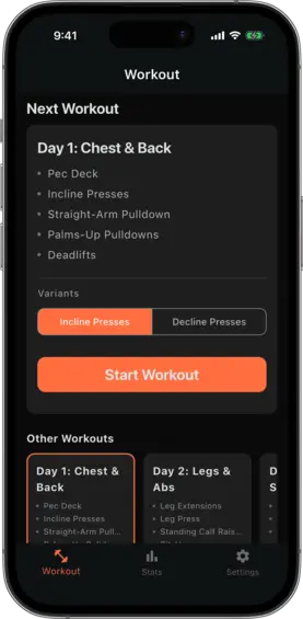 Home screen showing the Next Workout card with exercise list and Variants chip row