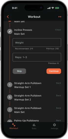 Active workout session showing weight and reps fields with recommendation hint and previous-session values