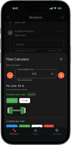 Plate calculator showing a barbell diagram with plates loaded and a weight input field