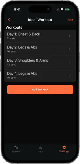 Plan detail view showing the list of workouts with set counts