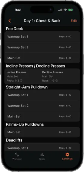 Workout detail view showing set cards with recommendation icon, group key label, and alternating set