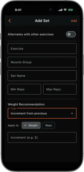 Add Set dialog showing the Recommendation section with type options