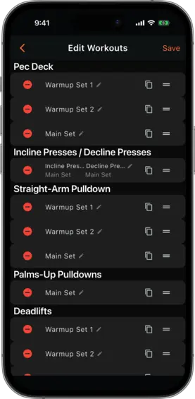 Workout edit view showing a combined alternating set row with group key subtitle and edit controls