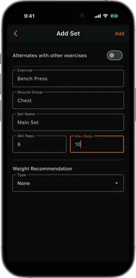 Add Set dialog in single-exercise mode with fields filled in