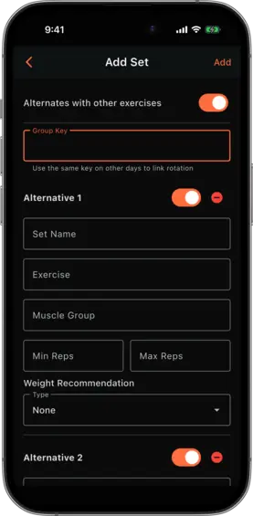 Add Set dialog with Alternates toggle on, showing two alternative sub-forms and shared Set Name and Group Key fields