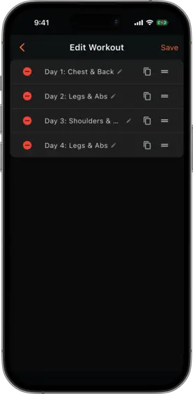 Plan detail in edit mode showing workout rows with rename, copy, drag, and delete controls