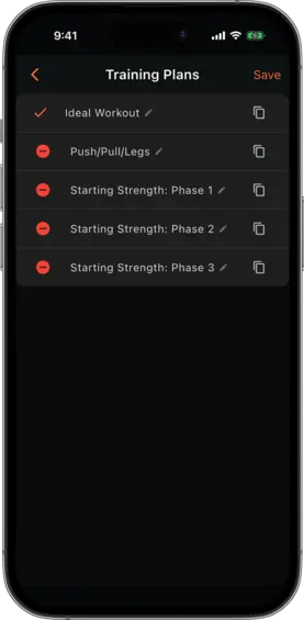 Training plans list in edit mode showing rename, copy, and delete controls