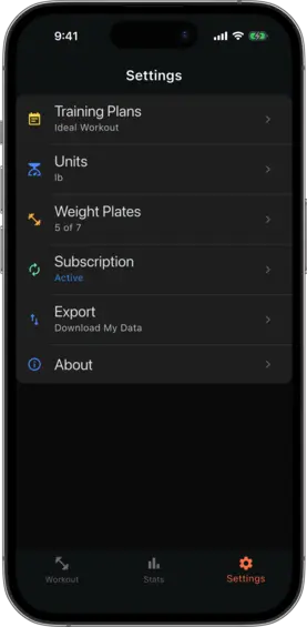 Settings screen showing the Export Data row