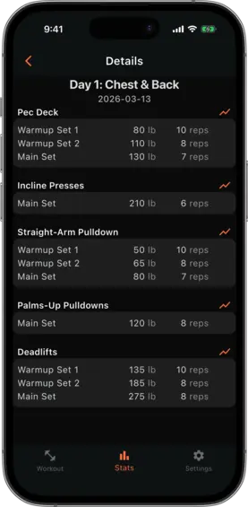 Workout log detail view showing logged sets with exercise name, weight, and reps